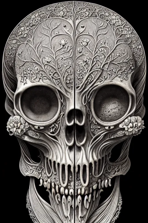 Image similar to art forms of nature by ernst haeckel, memento mori by arthur rackham, ornate antique porcelain beautiful skull mask, ultrasharp, photorealistic, hyperdetailed, octane render, polished, art nouveau, neo - gothic, gothic, intricate ornamental organic filigree, art nouveau botanicals, art forms of nature by ernst haeckel, horizontal symmetry, symbolist, visionary