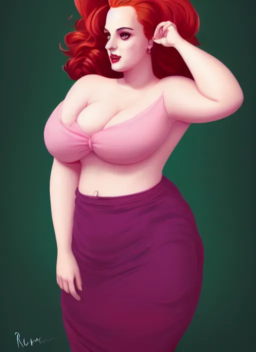 Prompt: full body portrait of teenage cheryl blossom, obese, bangs, green eyes, sultry, realistic, red hair, sultry smirk, wavy hair, pink skirt, fat, intricate, elegant, glowing lights, highly detailed, digital painting, artstation, concept art, smooth, sharp focus, illustration, art by wlop, mars ravelo and greg rutkowski