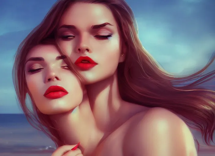 Image similar to woman love woman, sweet hugs, gold trim, atmoshperic, elegant, sharp focus, sand sea, red sun, huge lips, by nixeu, artstation, intricate details