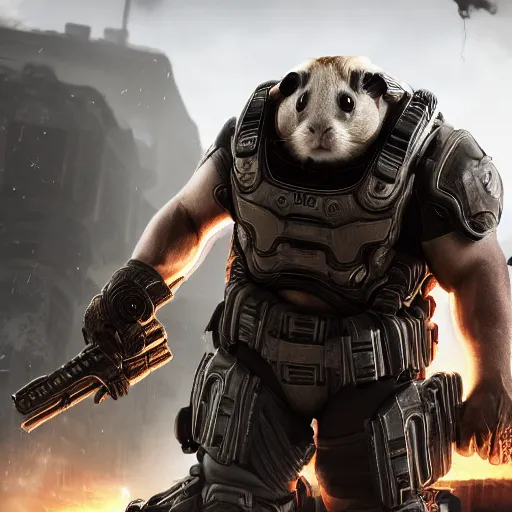 Image similar to guinea pig in gears of war, splash art, movie still, detailed face, photorealistic facial features, cinematic lighting, dramatic, octane render, long lens, shallow depth of field, bokeh, anamorphic lens flare, 8 k, hyper detailed, 3 5 mm film grain