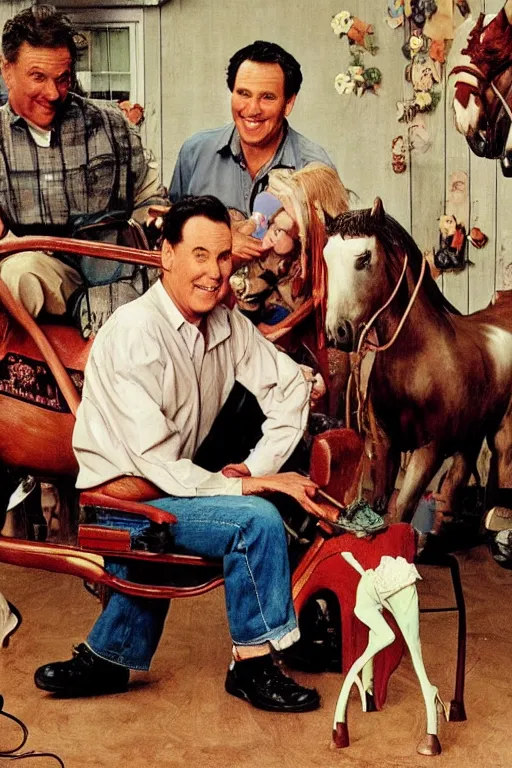 Image similar to a norman rockwell painting of norm macdonald sitting on children's rocking horse on the set of everybody loves raymond