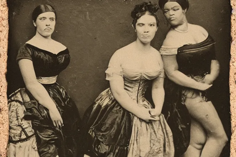 Image similar to a ferrotype photo of a nasty brothel bar fight between Kim Kardashian and Queen Latifa circa 1850's