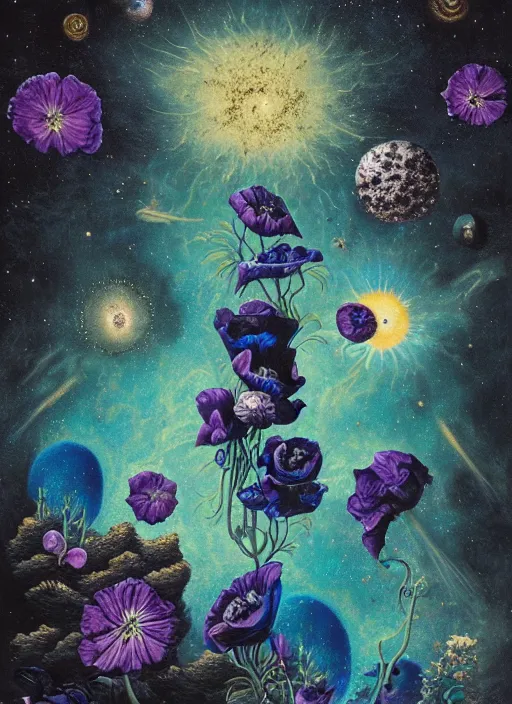 Image similar to detailed, intricate blue black and purple papaverum flower on the field, nebula, galaxy in the sky, winning award masterpiece, fantastically beautiful, illustration, aestheticly inspired, jacek yerka, upscale with anguissola sofonisba work, artstation, 8 k