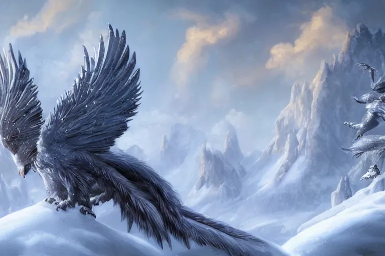 Image similar to Snow gryphon on a beautiful fantasy landscape, mountainside, winter, moonlit, HD, illustration, epic, D&D, fantasy, intricate, elegant, highly detailed, digital painting, artstation, concept art, smooth, sharp focus, illustration, wallpaper, art by artgerm and greg rutkowski and alphonse mucha and jin xiaodi