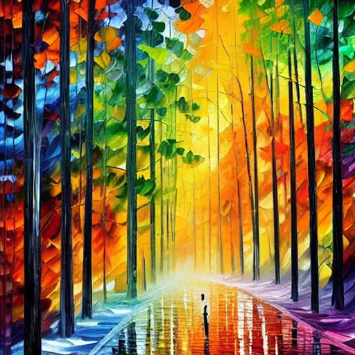 Image similar to beautiful forest in the style of leonid afremov