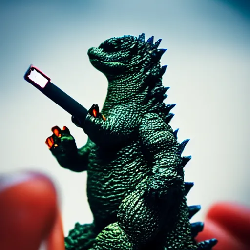 Image similar to godzilla smoking a joint, 5 5 mm