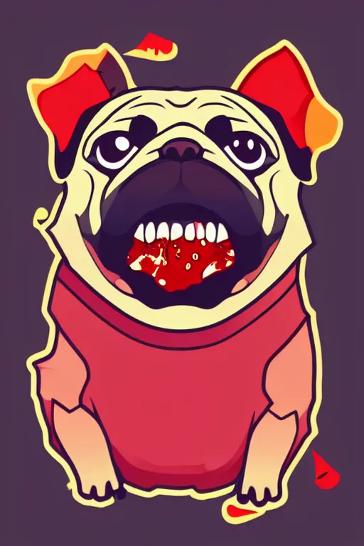 Prompt: Evil pug, sticker, blood thirsty, blood, evil, colorful, illustration, highly detailed, simple, smooth and clean vector curves, no jagged lines, vector art, smooth