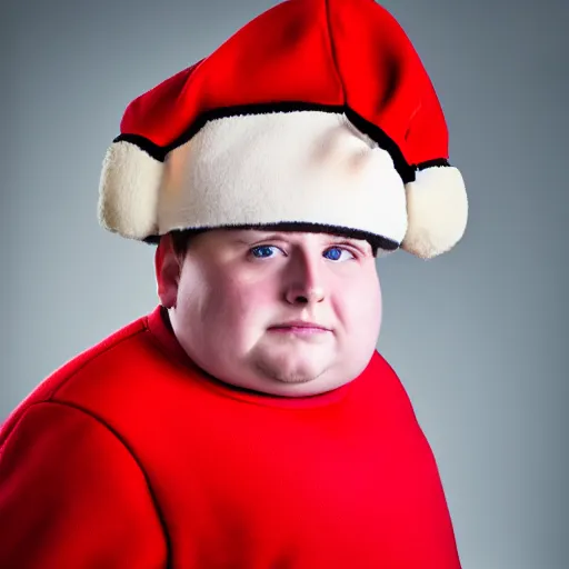 Image similar to a real life photograph of Eric Cartman from South Park. Hyper real, short obese kid with a red coat and a hat, portrait photography, studio lighting