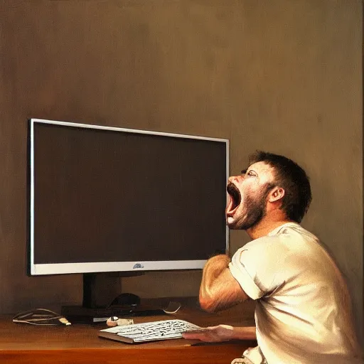 Image similar to an angry man yells at his computer monitor, oil on canvas, highly detailed, high resolution