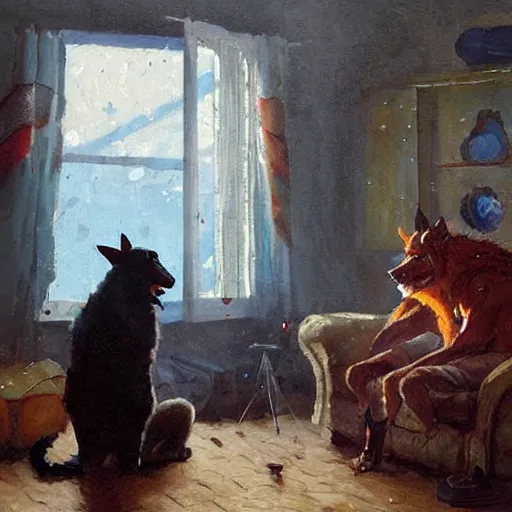 Image similar to a humanoid german shepherd beast - man, sitting and watching a soccer match in his house on television, he has hurt his knee and is a dad, by erin hanson, alexi zaitsev, karl spitzweg, award winning, tv set