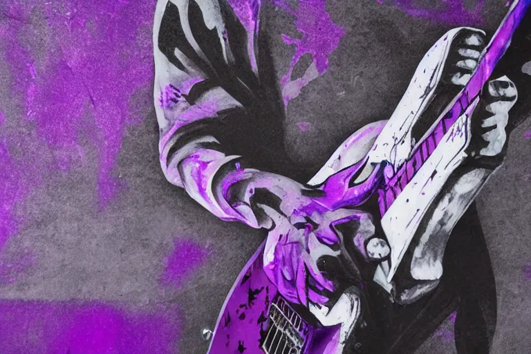 Prompt: dripping purple faded paint across the shape of a human playing guitar, realistic, extremely detailed, coming out of the cyberpunk wall