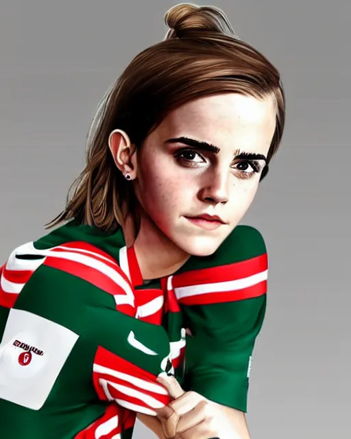 Prompt: a portrait of emma watson wearing lokomotiv football shirt, hyper realistic