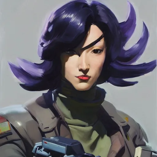 Image similar to greg manchess portrait painting of major kusanagi as overwatch character, totally whack, medium shot, asymmetrical, profile picture, organic painting, sunny day, matte painting, bold shapes, hard edges, street art, trending on artstation, by huang guangjian and gil elvgren and sachin teng