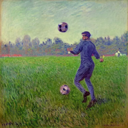 Image similar to monet painting of a skinny man playing warzone on an oversized computer, a soccer ball flying towards him from behind, highly detailed, realistic,