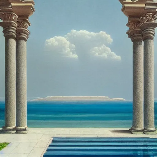 Prompt: David Ligare masterpiece, hyperrealistic surrealism, award winning masterpiece with incredible details, epic stunning, infinity pool, a surreal vaporwave liminal space, highly detailed, trending on ArtStation, broken giant marble head statue ruins, calming, meditative, geometric liminal space, palm trees, very vaporwave, very very surreal, sharp details