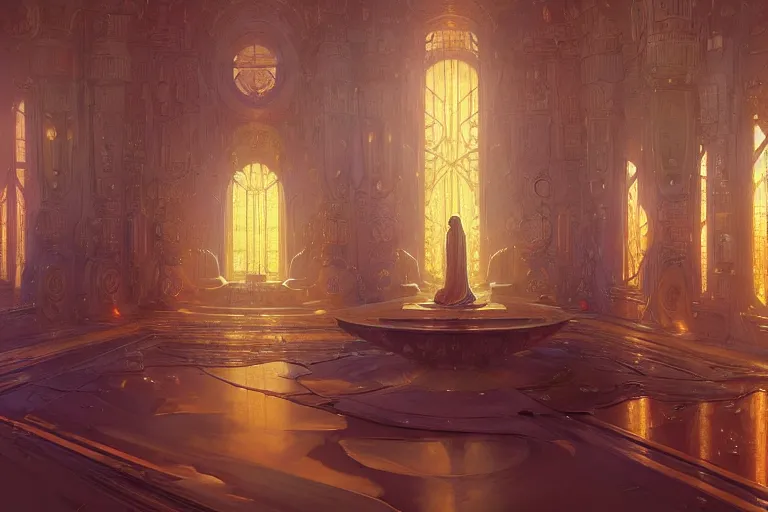 Image similar to a background matte painting for a high tech science fiction religious room with chambers of bubbling liquid gold intricate digital painting artstation concept art smooth sharp focus illustration, art by artgerm and paul chadeisson and greg rutkowski and alphonse mucha