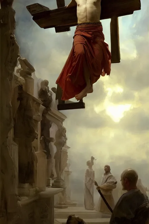 Image similar to beautiful oil painting portrait of ancient roman god emperor steve buscemi hovering in the air wearing the civic crown levitating and ascending in stations of the cross pose, art by anders zorn, wonderful masterpiece by greg rutkowski, expressive brush strokes, beautiful cinematic light, american romanticism by greg manchess, jessica rossier