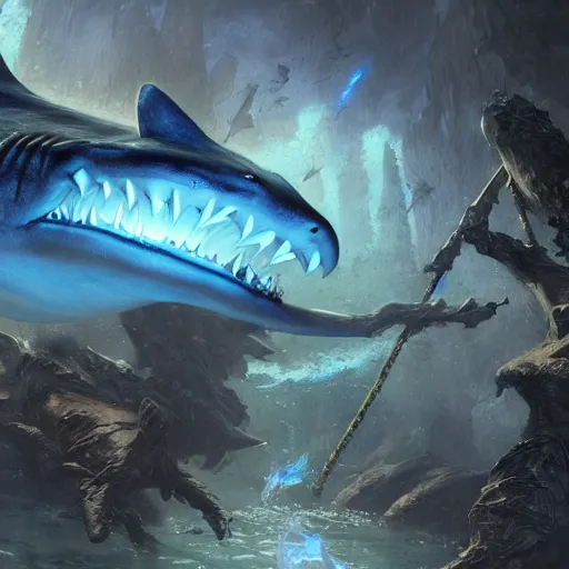 Prompt: blue crocodile shark hybrid, epic fantasy style art by Craig Mullins, fantasy epic digital art, epic fantasy card game art by Greg Rutkowski