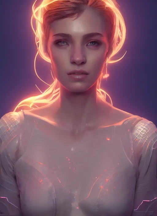 Image similar to glowwave girl portrait, hyper detailed, digital art, trending in artstation, cinematic lighting, studio quality, smooth render, unreal engine 5 rendered, octane rendered, art style by klimt and nixeu and ian sprigger and wlop and krenz cushart