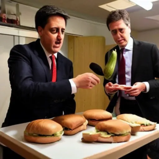 Prompt: Labour Leader Ed Miliband smelling an onion sandwich. Unpleasant aroma, sour face. Photo courtesy of BBC