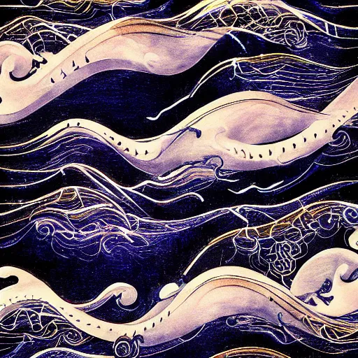 Prompt: instruments, waves, swirls, expansion, dark clouds, whales, medium: transparent overlay, tempera, airbrush