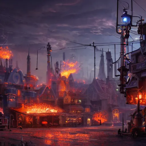 Prompt: a steampunk town landscape, robot, fire, ash, electricity lightning, furry, soft, concept art, sharp focus, intricate details, highly detailed, photorealistic, disney pixar, octane render, iridescent, anime, high field of view