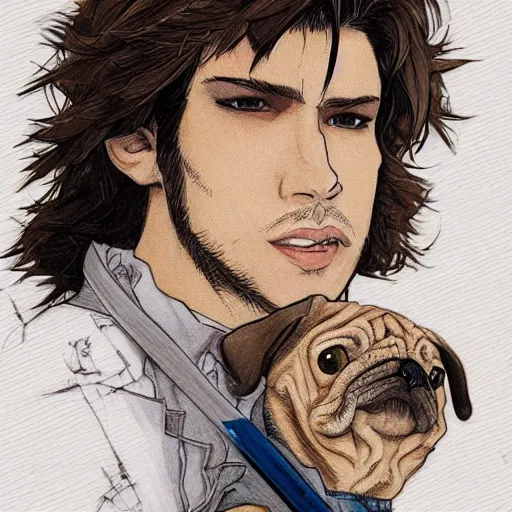 Image similar to self portrait, young white hispanic handsome man with short light brown hair and light skin and a 5 o clock shadow and holding a pug while fighting against 2 swordsmen pencil art, added detail, high definiton, colored, backfacing, illustrated by yoji shinkawa