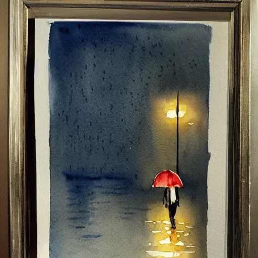 Image similar to a watercolor painting night watchman walking on a rainy night