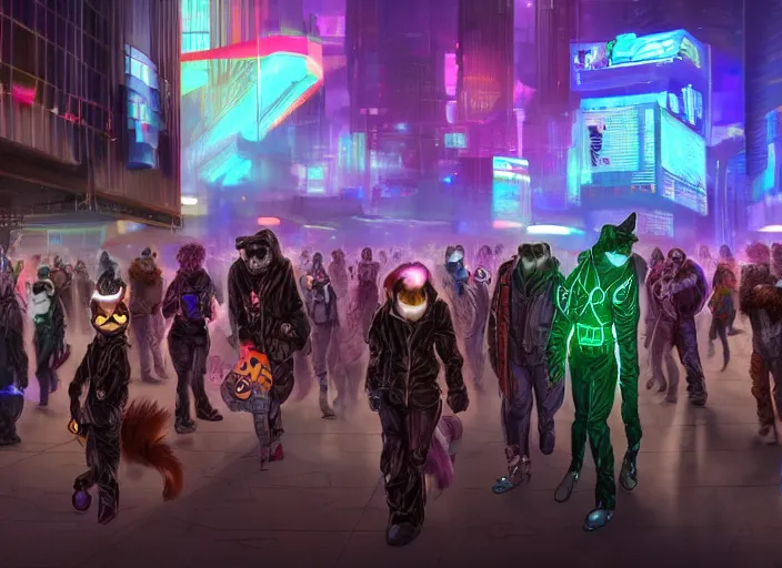 Image similar to high - resolution photograph from a cyberpunk era furry fandom convention ( midwest furfest 2 0 4 7 ), taking place after the genetic revolution and quantum singularity. photorealistic.