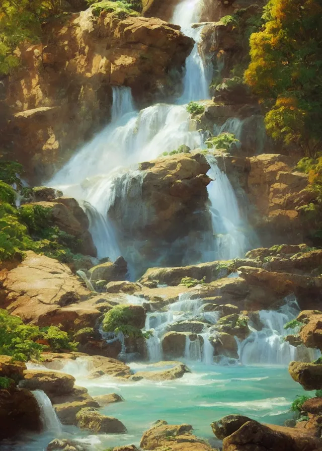 Prompt: a waterfall cascading onto a pebble beach, extremely detailed oil painting, unreal 5 render, rhads, sargent and leyendecker, savrasov levitan polenov, bruce pennington, studio ghibli, tim hildebrandt, digital art, landscape painting, octane render, beautiful composition, trending on artstation, award winning photograph, masterpiece