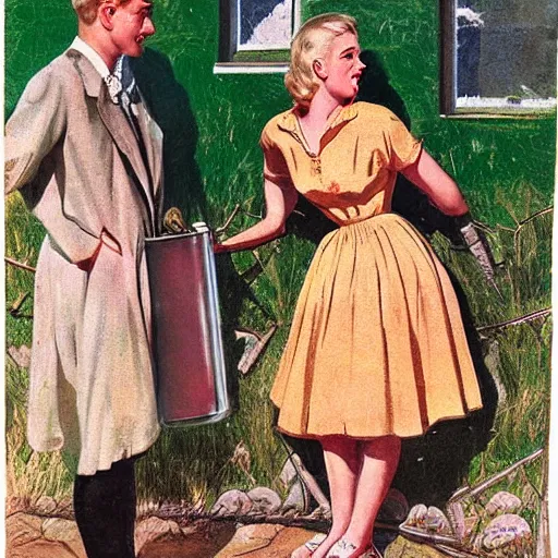 Prompt: “stunning, highly detailed portrait, very detailed, couple, from behind, blonde, remote village, from side, holding tin can, color vintage magazine illustration 1950”