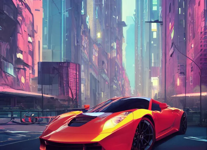 Image similar to a sport car in a city. sharp focus, cinematic pose, cinematic lighting, unreal engine render. art by josan gonzales and moebius and deathburger.