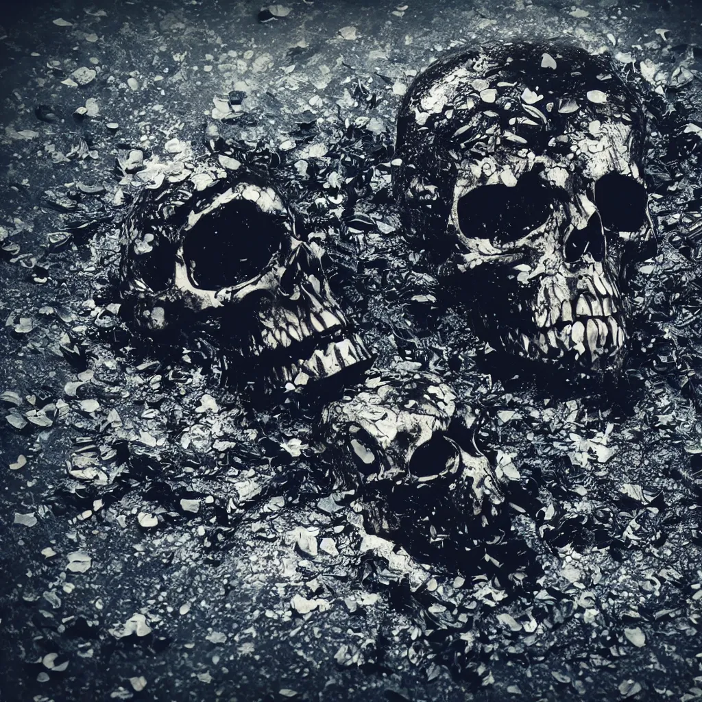 Image similar to obsidian skull surrounded by dark water with floating flower petals, octane render, trending on artstation