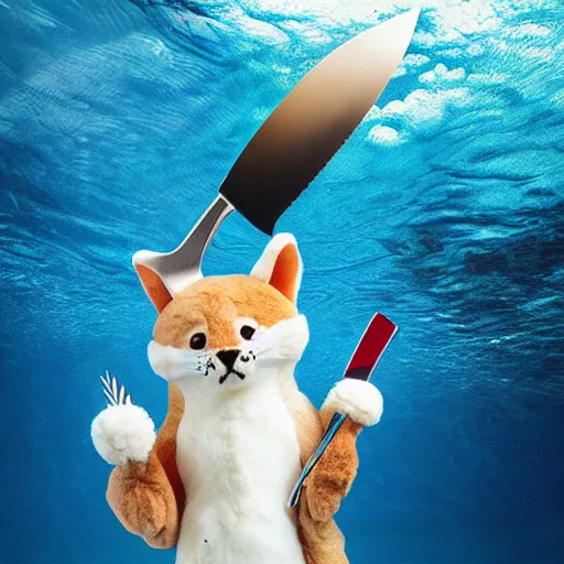Prompt: furry cute animal toy holding a knife under water