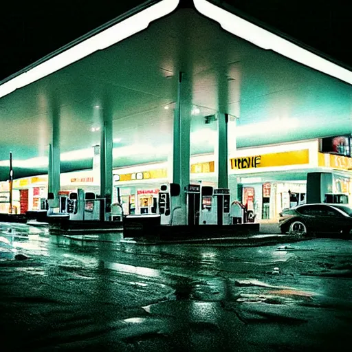 Prompt: “gas station photography,night,rain, various subjects, cinestill 800t, in the style of William eggleston”