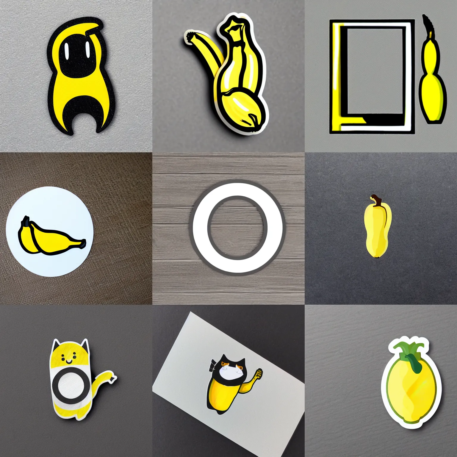 Prompt: catroon die cut sticker of banana with white border on gray background