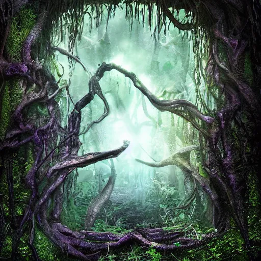 Prompt: ravenous, ominous portal to hades embedded in a creepy tree in a densely overgrown, magical jungle, fantasy, dreamlike sunraise, ultra realistic, atmospheric, stopped in time, dreamlike light incidence