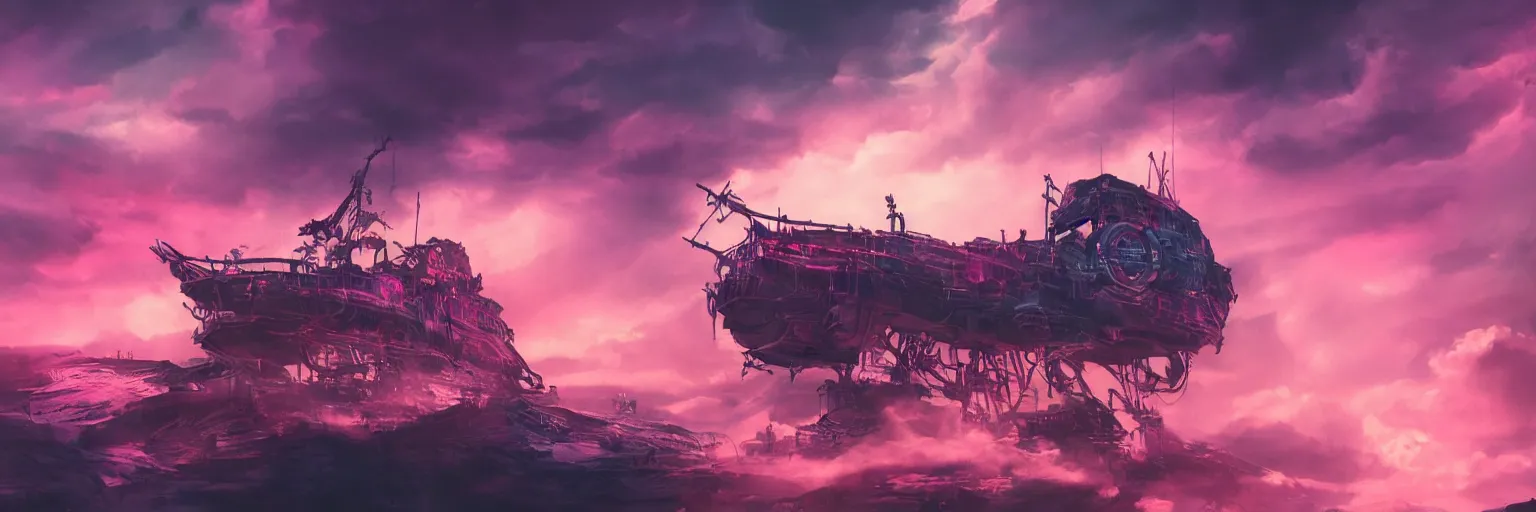 Image similar to hyperdetailed illustration, portrait big dark dog, pirate neon ship, mohawk, stars, pink, neon, oil painting, rich deep colors masterpiece, ultra detailed, contrast, heaven pink, clouds, volumetric light, atmospheric lighting, dramatic, cinematic, moody, octane render 4 k, 8 k