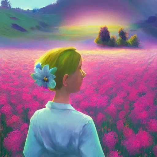 Image similar to girl with a flower face, surreal photography, dream, standing in flower field, magical, in a valley, sunrise dramatic light, impressionist painting, colorful clouds, artstation, simon stalenhag