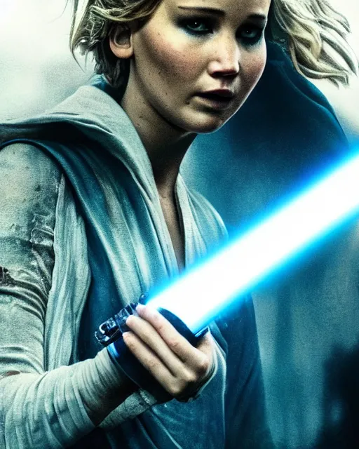 Image similar to jennifer lawrence as a jedi with ripped and damaged clothes holding a blue lightsaber in her hands, very dark background, official new star wars episode xi movie poster from lucas arts, perfect symmetrical face, moody lighting, 8 k, shallow depth of field, intricate detail,