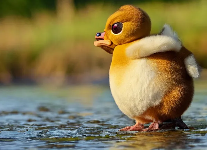 Image similar to real life pokemon psyduck, adorable, wet, ultra realistic, sharp beak, near a river, golden hour, sharp focus