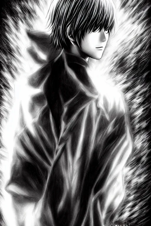 Image similar to light yagami, god of the new world, highly detailed, digital art, sharp focus, trending on art station, death note