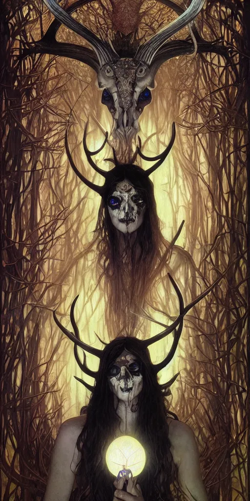 Image similar to intense glowing black metal pagan god with antlers and intense glowing eyes with a goat skull in very dark forest by karol bak and josan gonzales and moebius and alphonse mucha, portrait, studio muti, malika favre, rhads, makoto