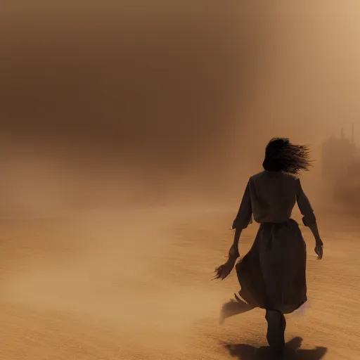 Image similar to woman in sandstorm, photorealistic, epic light, insanely detailed, cinematic lighting