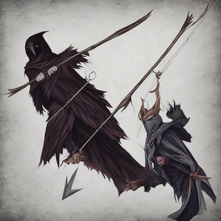 Prompt: “a Kenku in a hooded cloak holding a bow and arrow, fantasy art, digital art, 4K”