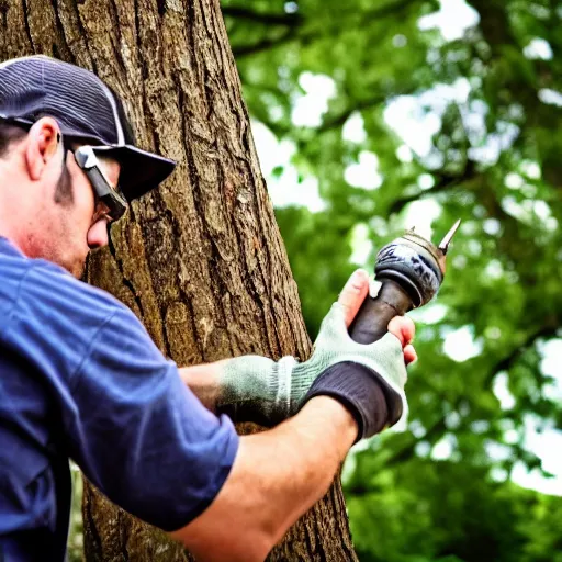 Prompt: man with huge countersink drill bits as hands angrily drilling into trees, photography