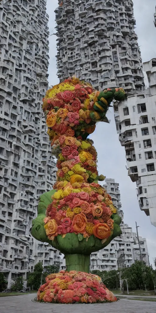 Image similar to giant grotesque flower made from communist dreams in the middle of abandoned post soviet constructivist cityscape, Stalinist architecture, ultradetailed by Hayao Miyazaki and Josan Gonzalez and Makoto Shinkai and Giuseppe Arcimboldo and Wes Anderson