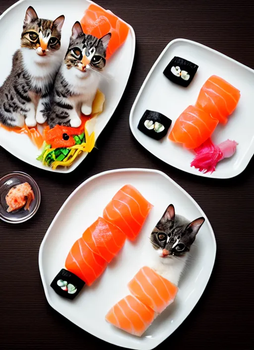 Image similar to clear photograph of cute cats eating sushi from sushi plates