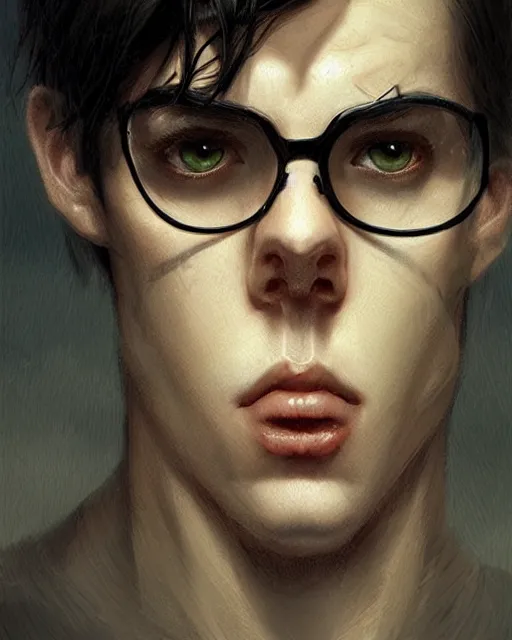 Prompt: boy thin face, black hair, and green eyes. round glasses, lightning bolt scar on forehead, hyper realistic face, beautiful eyes, fantasy art, in the style of greg rutkowski, intricate, hyper detailed, smooth