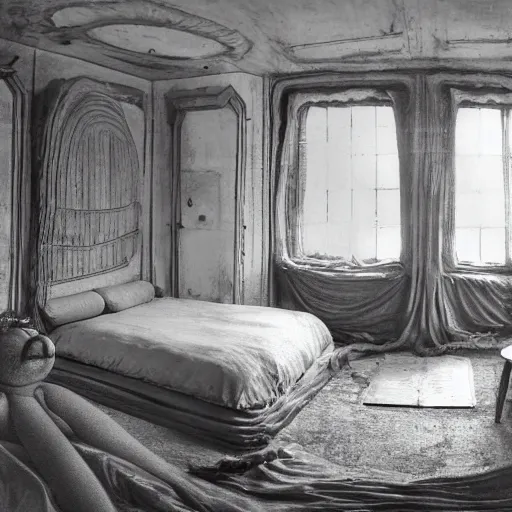 Prompt: wide angle photograph of a cozy bedroom designed by hr giger